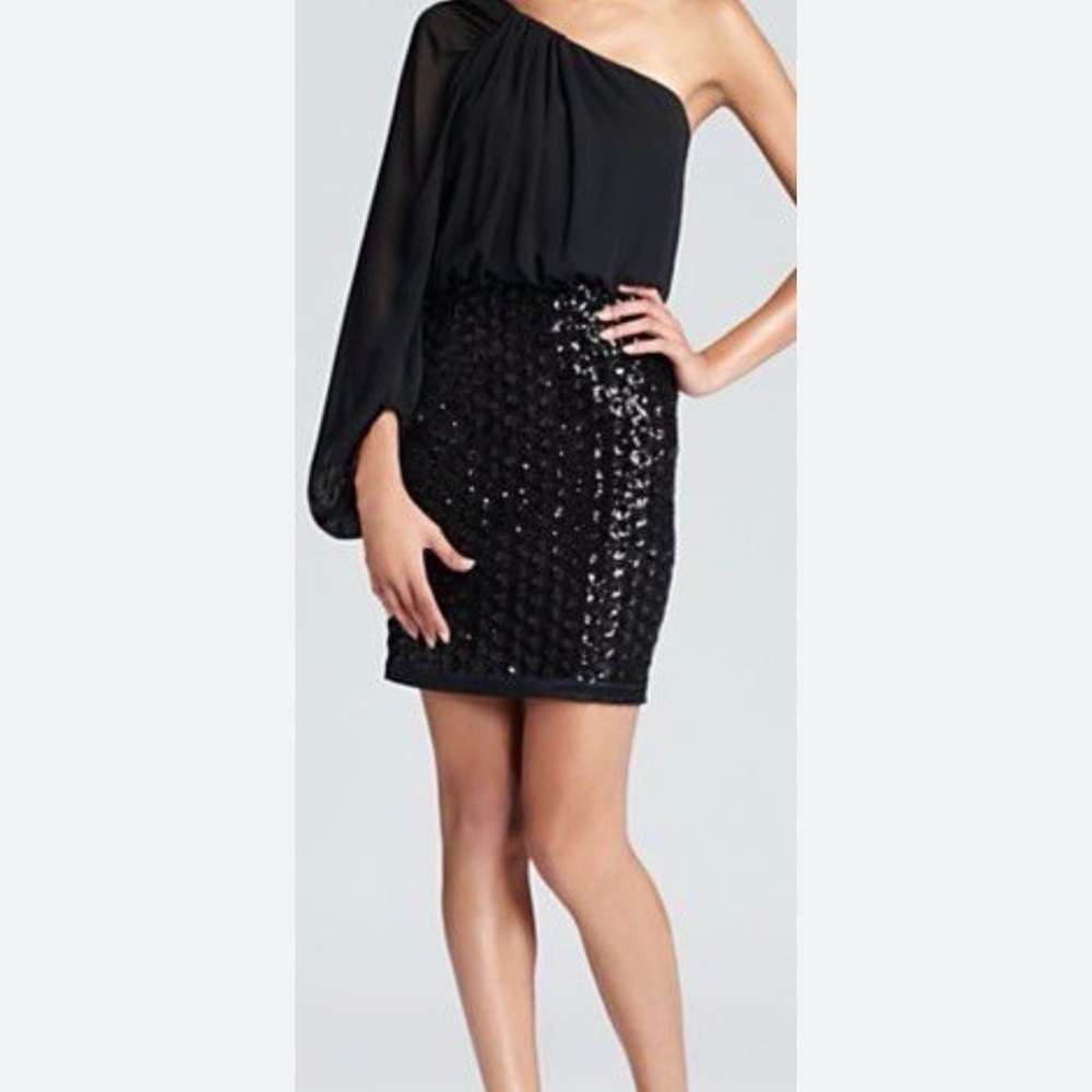 Laundry By Shelli Segal One-Shoulder Black Sequin Cocktail Dress